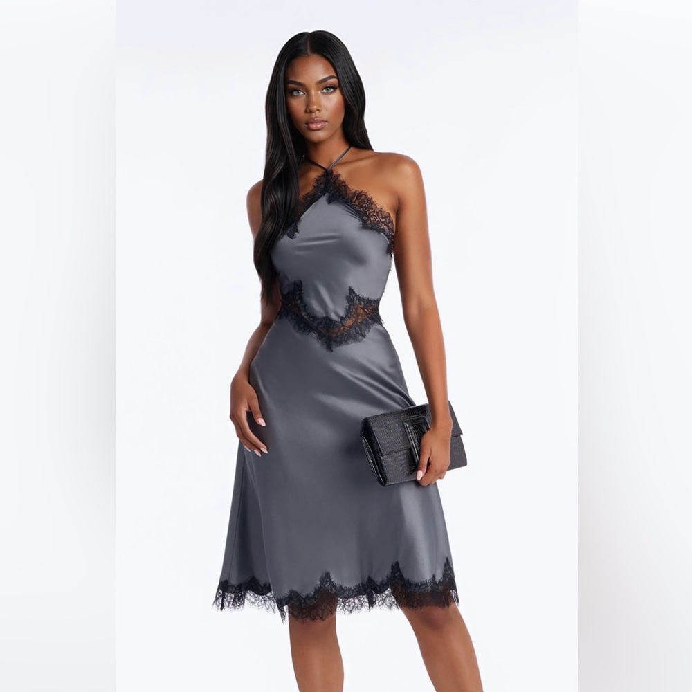 Fashion Nova Charcoal Satin Dress with Black Lace